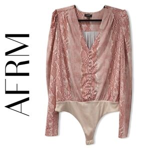 AFRM Long Sleeve V-Neck Blush Pink Snake Print Thong Bodysuit, Button Front, XL